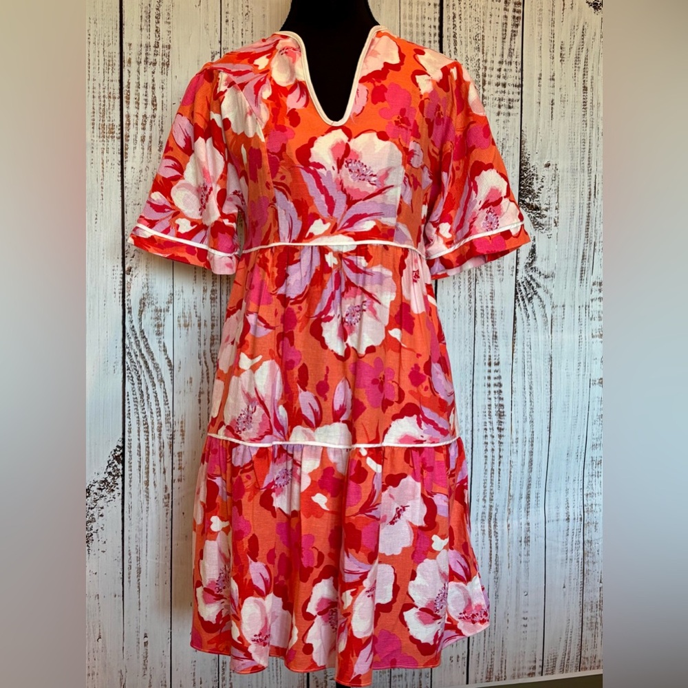 Vince Camuto Boho Feminine Casual Tropical Vacation Wear Linen Floral Dress Sz 0